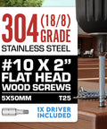 10 By 2 Inch Stainless Steel Deck Screws 304 Grade Flat Head Torx T25 Drive Rust Resistant Pack Of 350 Includes Driver Bit