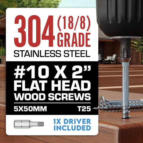10 By 2 Inch Stainless Steel Deck Screws 304 Grade Flat Head Torx T25 Drive Rust Resistant Pack Of 350 Includes Driver Bit