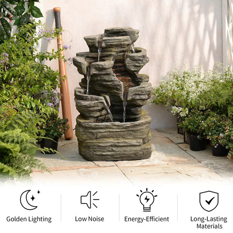 Six Tier Cascading Rock Outdoor Water Fountain With Lights For Garden Patio Backyard Deck And Porch No Fuss Setup With Pump 24.4 Inch High 110V Plug