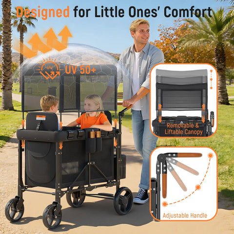 Double Wagon Stroller For Two Kids With Canopy And Removable Seat Pads One Hand Fold Shock Absorbent Wheels Safety Harness