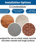 InfiniStick vinyl label packaging front view with four circular texture swatches: wood, concrete, metal diamond plate, brick