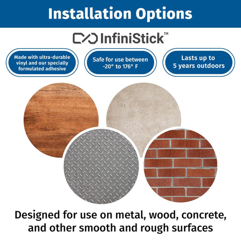 InfiniStick vinyl label packaging front view with four circular texture swatches: wood, concrete, metal diamond plate, brick