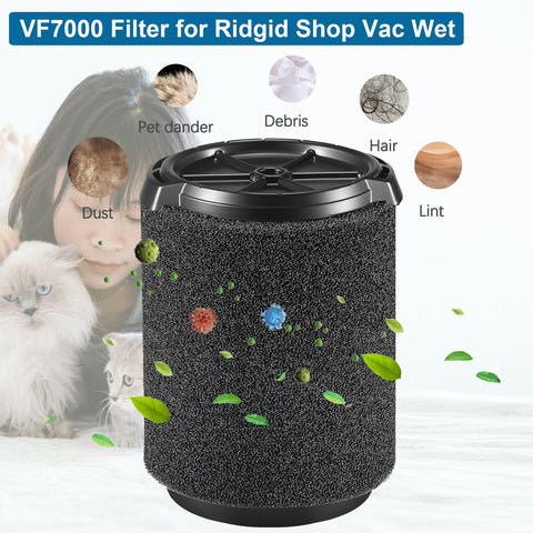 2 Pack VF7000 Replacement Filter For Wet Dry Vacuums Compatible With Ridgid 5-20 Gallon And Husky 6-9 Gallon shown filtering debris