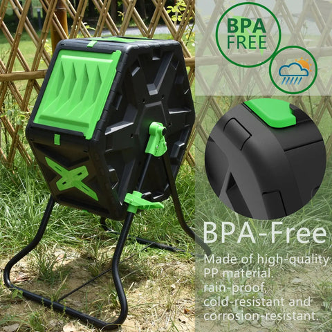 Lightweight Tumbling Compost Bin Single Chamber 18.5 Gallon 70 L Space Saving Garden Tumbler for Beginners shown outdoors