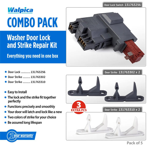 Washer Door Latch Lock Replacement Kit For Front Load Washers, Includes 131763256 Latch Lock Plus Two Strikes 131763310 and 131763302