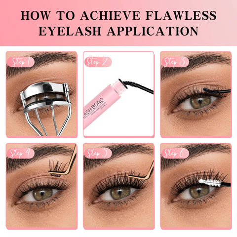 Step-by-step application of 2 In 1 Lash Bond And Seal Waterproof Eyelash Glue For Extensions with spiral brush
