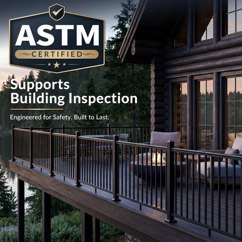 Modular Aluminum Deck Railing Kit Delivering Next Level Wobble Free Construction And Top Shelf IBC ASTM Certified Protection For Decks Patios And Stairs Featuring Tight Baluster Spacing showing outdoor railing and seating