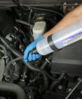 Mityvac MVA6852 1.5L fluid evacuator syringe, side view in engine bay with blue-gloved hand