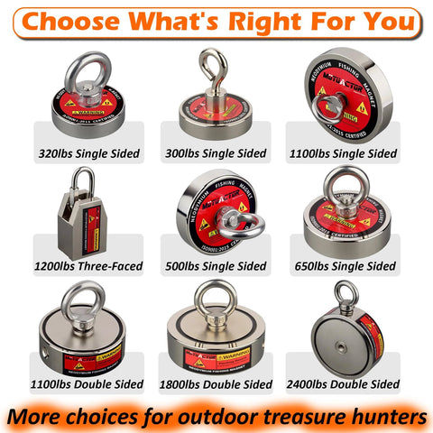 Mutuactor magnet fishing kit: nine neodymium magnets (N52) with varying pull ratings from 320 to 2400 lbs