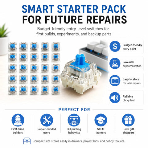 Blue 3 Pin Clicky Mechanical Keyboard Switches Set Pre Lubed MX Compatible RGB For Repair Custom Builds Typing Gaming And DIY Projects Great Replacements For Worn Or Inconsistent Keys 25 Pack, 25 clear switches