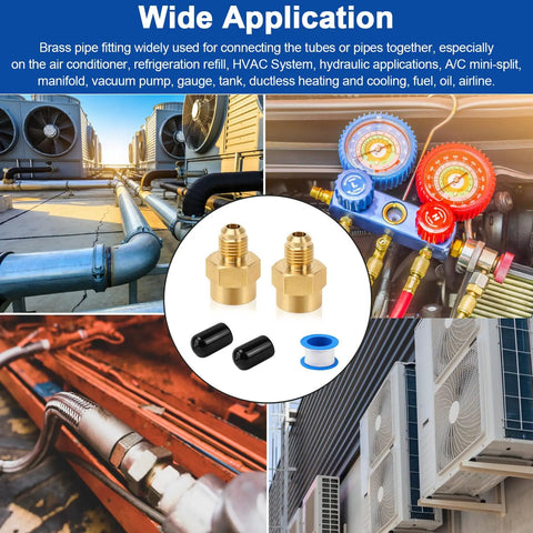 Brass adapter fittings for HVAC systems, 1/4 SAE to 1/4 NPT, highlighting wide application in air conditioning.
