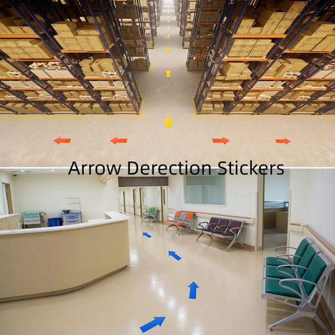 40 Piece 8 Inch Arrow Sticker Set Removable Adhesive Directional Floor Decals Waterproof Arrow Marking For Signs Warehouses Gyms And Events In Dark Blue Green Red Orange Yellow shown in use on warehouse and hospital floors.