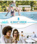 Collage showing two-way voice communication with 2K Light Bulb Camera, featuring a pool and two women talking indoors.