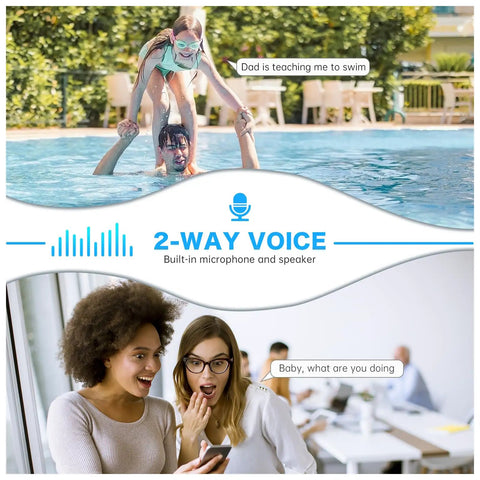 Collage showing two-way voice communication with 2K Light Bulb Camera, featuring a pool and two women talking indoors.