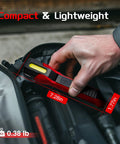 Person holding Rechargeable Beast 1200 Lumen Work Light With 160 Degree Swivel Head Magnetic Base And Hooks Dual COB Flood Light And LED Spotlight 6 Modes For Car Repairs And Home Emergency Prep showing dimensions 7.28in x 1.77in