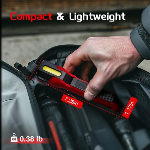 Person holding Rechargeable Beast 1200 Lumen Work Light With 160 Degree Swivel Head Magnetic Base And Hooks Dual COB Flood Light And LED Spotlight 6 Modes For Car Repairs And Home Emergency Prep showing dimensions 7.28in x 1.77in