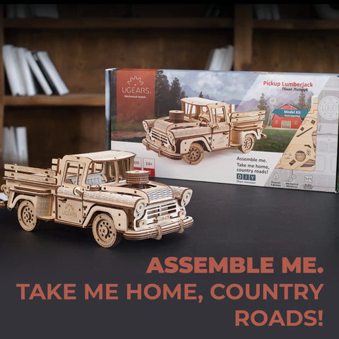 Chevrolet 3100 Inspired Wooden 3D Puzzle Car Kit For Adults With Spring Motor Pickup Lumberjack Model Mechanical Wood Car Craft Retro Throwback Style Three Driving Modes Hands-On DIY Ready For Creative Builders And Car Enthusiasts box and assembled pickup