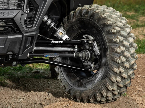 1.5 Inch Forward Offset A Arms For Polaris RZR XP 1000 And XP 4 1000 Fits Up To 33 Inch Tires 1.25 Inch Tubing 25 Percent Bigger Than Stock Black Finish Includes Standard Duty Ball Joints Off Road Ready Upgrade on Polaris RZR front suspension