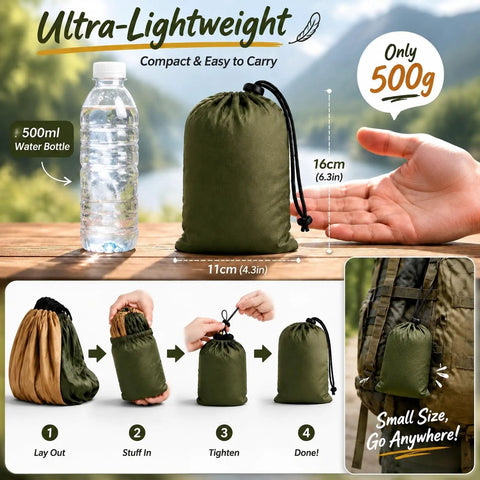 Double Camping Hammock All-In-One Set in Fruit Green Gradient packed in compact carry bag next to water bottle for size comparison