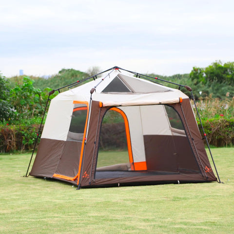 Large Family Tent For 6-8 People With Instant Setup In 60 Seconds, Spacious Two Rooms, Three Doors, Waterproof, Brown
