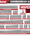 Rock Solid 232 Piece Screwdriver Bit Set Forged From CRV Steel Impact Driver Bits Security Torx Hex Phillips And Quick Release Ratchet Wrench For No Sweat Upkeep, showing 145 pieces of steel bits.