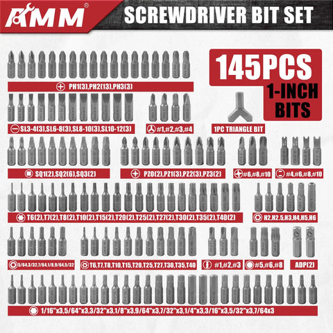 Rock Solid 232 Piece Screwdriver Bit Set Forged From CRV Steel Impact Driver Bits Security Torx Hex Phillips And Quick Release Ratchet Wrench For No Sweat Upkeep, showing 145 pieces of steel bits.