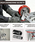Close-up of Five Inch Heavy Duty Caster Wheel Set With Four Industrial Grade Swivel Plates Featuring Top Lock Brakes for shop gear.
