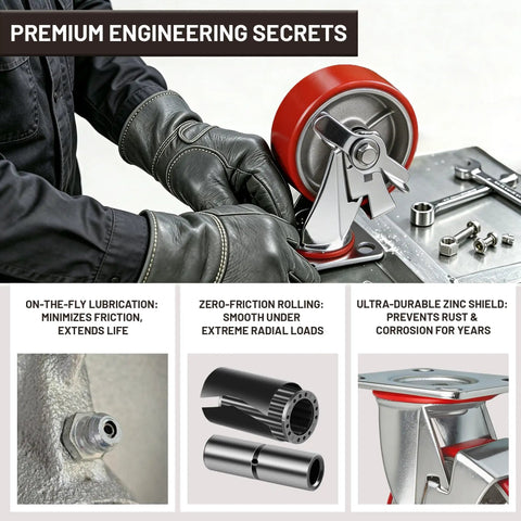 Close-up of Five Inch Heavy Duty Caster Wheel Set With Four Industrial Grade Swivel Plates Featuring Top Lock Brakes for shop gear.