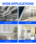Collage showcasing Self Adhesive Double Bubble Foil Insulation Tape 6 Inch By 26 Foot Reflective Roll used in pipeline, RV, window, and HVAC applications.