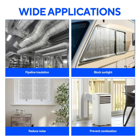 Collage showcasing Self Adhesive Double Bubble Foil Insulation Tape 6 Inch By 26 Foot Reflective Roll used in pipeline, RV, window, and HVAC applications.