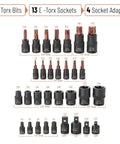 Pro Grade Torx Bit Socket Set And E Torx Socket Set, 31 Pieces, Cr-V Steel, T8 to T70, E4 to E24, 1/4 inch, 3/8 inch, adapters