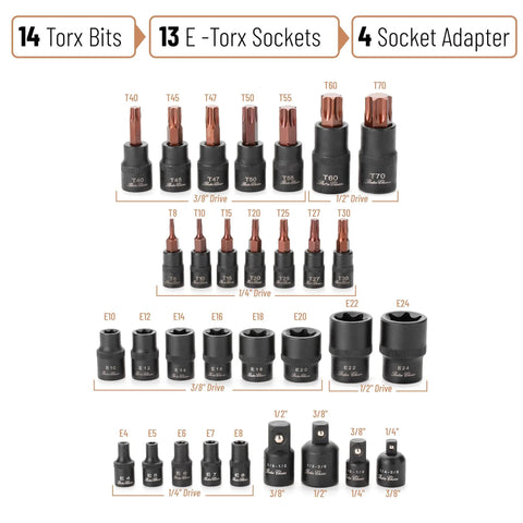 Pro Grade Torx Bit Socket Set And E Torx Socket Set, 31 Pieces, Cr-V Steel, T8 to T70, E4 to E24, 1/4 inch, 3/8 inch, adapters