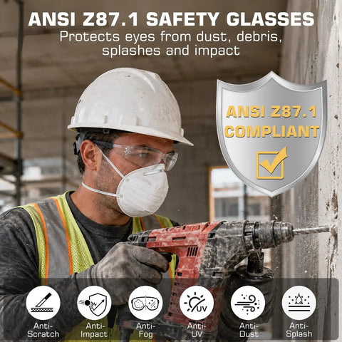 Kickass Clear Safety Glasses Built Solid With Antifog Lenses And Comfortable Fit For Hardworking Crews And Daily Grind Bulk Pack Ansi Certified Protective Eyewear For The Job Site Hustle worn by a worker drilling in a construction site.