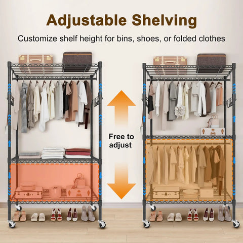 Clear View Clothes Closet With 3 Way Zipper Front, Heavy Duty Epoxy Metal Frame, Locking Wheels, adjustable shelving view