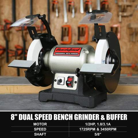 Badass 1/2 Horsepower Dual Speed Bench Grinder Buffer Combo with cast iron base and aluminum rests, ideal for metal and woodworking.