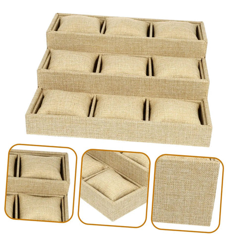 Top Linen Watch Tray With 9 Grids For Jewelry And Watch Storage, khaki linen, three-tier design for organized desk storage.
