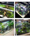 Top Shelf Aquarium Lid Clips For Rimless Glass Tanks Heavy Duty Acrylic Fish Tank Hardware on various aquariums in four angles.