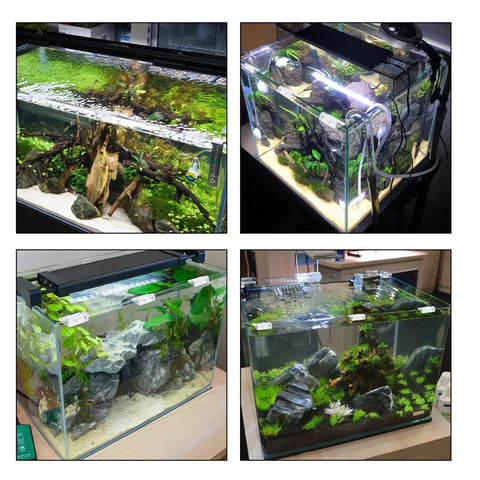 Top Shelf Aquarium Lid Clips For Rimless Glass Tanks Heavy Duty Acrylic Fish Tank Hardware on various aquariums in four angles.