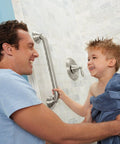 Man and child near 24 Inch Handicap Grab Bar For Bath And Shower With Curled Grip No Slip Brushed Nickel Heavy Duty Stainless Steel