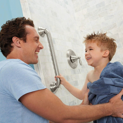 Man and child near 24 Inch Handicap Grab Bar For Bath And Shower With Curled Grip No Slip Brushed Nickel Heavy Duty Stainless Steel