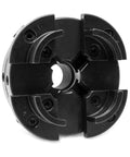 4-inch black four-jaw self-centering lathe chuck with threaded center bore.