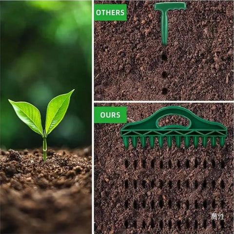 Comparison of 8 In 1 Hand Held Seed Spreader And Planter Tool With Fertilizer Dispenser Seed Hole Maker in action, showing soil effect.