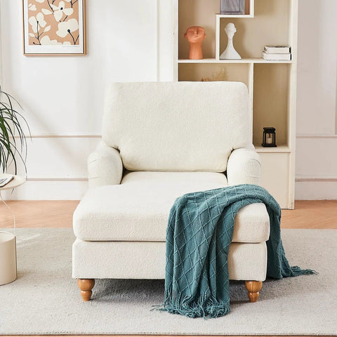 Beige Chaise Lounge Chair With Adjustable Backrest Modern Cozy Chenille Upholstery Sleeper Bed With Rolled Arm in living room