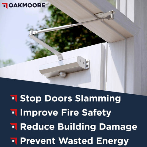 Medium Duty Commercial Door Closer Built Different For Busy Retail Entrances Featuring Smooth Operator Self Closing Hinge Assembly With Zero Slam Nonsense Ul Listed Grade One Size Two Five Silver mounted on a door.