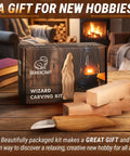 Beginner Friendly Whittling Kit With Wood Carving Tools And Wood Blocks on a table, ideal for crafting small carved figures