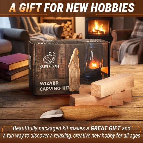 Beginner Friendly Whittling Kit With Wood Carving Tools And Wood Blocks on a table, ideal for crafting small carved figures