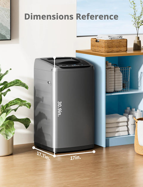 Front view of gray Comfee portable washing machine with LED display