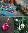 Handcrafted epoxy resin jewelry including keychains, earrings, necklace, and a tree ornament displayed on different surfaces.