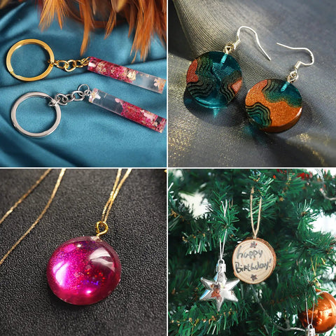 Handcrafted epoxy resin jewelry including keychains, earrings, necklace, and a tree ornament displayed on different surfaces.