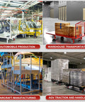 Collage showing Beefed-Up Heavy Duty 6 Inch By 2 Inch Polyurethane Tread On Cast Iron Caster Wheels in various industrial uses.